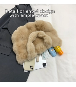 Detail view of large capacity beige plush tote bag showing storage for daily essentials