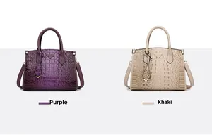 Detail of crocodile pattern leather tote bags with metal triangle logo in purple and khaki