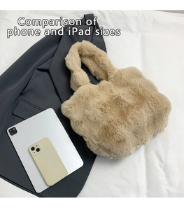 Size comparison of plush plaid tote bag with an iPad and smartphone inside