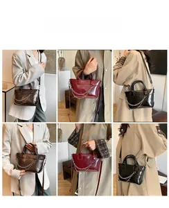 Présentation de sacs à main minimalistes en trois couleurs montrant des modèles en noir et marron