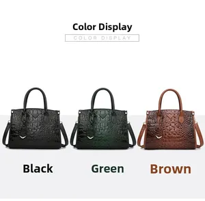 Crocodile pattern handbags in black green and brown colors with metal triangle plaque