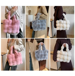 Detailed views of checkered plush shoulder bags in pink, blue, and white colors
