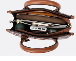 Top view of brown crocodile texture leather tote showing interior compartments and large capacity