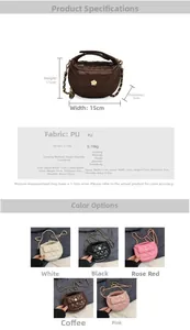 Dettaglio mini borsa in pelle PU trapuntata con chiusura a camelia e tracolla a catena