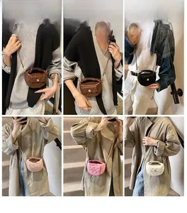 Dettagli di borse a tracolla trapuntate con fibbie a fiori su vari outfit