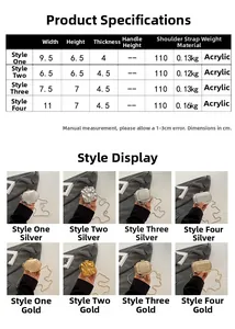 Size chart showing dimensions and weight for acrylic mini chain evening clutch bags