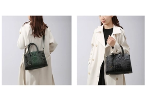 Detailed view of crocodile embossed tote bag with metal triangle logo and double handles