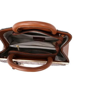 Brown crocodile embossed tote bag with spacious interior compartments and zip pockets
