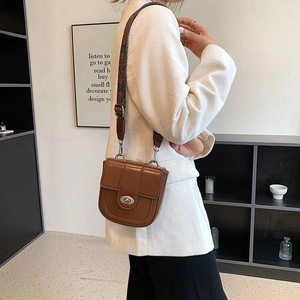 Detail of saddle bag showing brown leather texture, silver clasp, and patterned wide strap