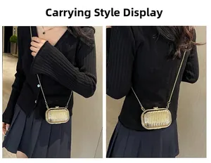 Detailed view of golden wave-textured mini evening bag with fine gold chain strap