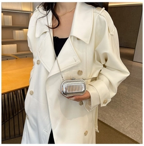 Silver metallic mini crossbody bag with vertical striped texture on chic chain strap