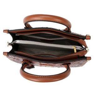 Brown crocodile pattern tote bag with three compartments and golden hardware details