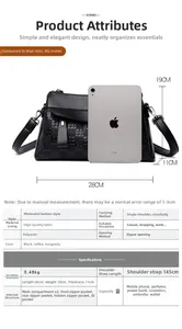 Detailed size specifications for black quilted crossbody bag with iPad mini comparison