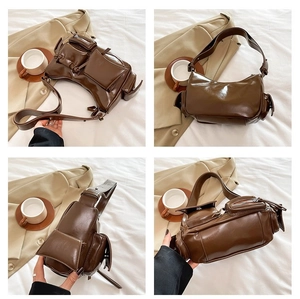 Vues multiples détaillées du sac sous le bras vintage marron café avec de nombreuses poches