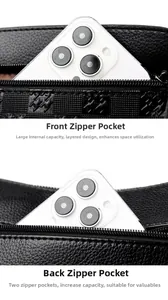 Detail of front and back zipper pockets on black leather shoulder bag with lychee texture