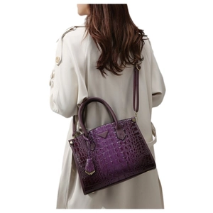 Deep purple crocodile pattern tote bag with top handle and adjustable shoulder strap