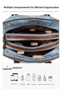 Detailed interior of denim handbag with multi-layer compartments and brown leather trim
