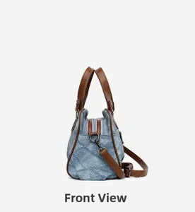 Side view of retro patchwork denim handbag featuring brown straps and silver buckles