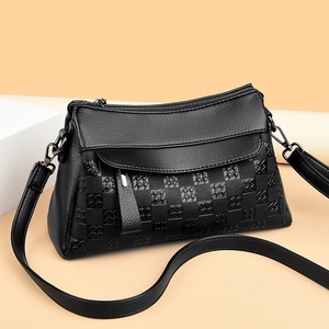 Fashionable black crossbody bag with litchi grain leather and checkered pattern