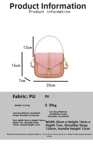 Detailed size chart showing dimensions 20x16x7cm for this woven flap shoulder bag