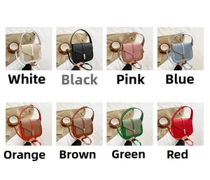 Collage of leather crossbody bags in eight colors featuring V-shaped woven texture
