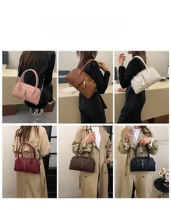 Collage of six colors of women's minimalist semi-circle shoulder bags shown on models