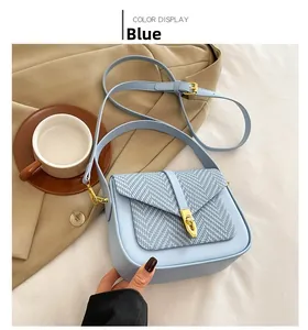 Detail of light blue crossbody bag featuring chevron weave fabric and golden twist lock