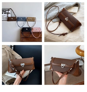 Close-up of contrast stitch square bag with metallic buckle and unique knotted strap detail