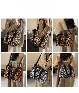 Detailed views of leopard print plush tote bag shown from multiple angles on a model