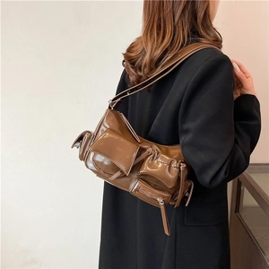 Sac à épaule vintage marron avec plusieurs poches fonctionnelles pour femmes