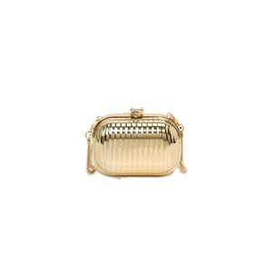 Elegant gold striped hard shell evening clutch bag with metallic chain strap for parties