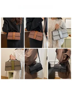 Collage of chic woven shoulder bags in four colors styled with different daily outfits