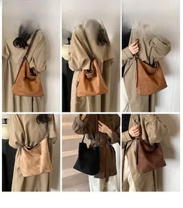 Collage of model wearing oversized hobo bags in matte suede brown and leopard print