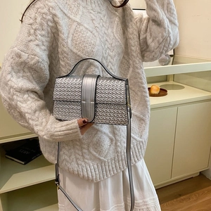 Detailed silver woven texture handbag with metallic clasp shown in lifestyle setting