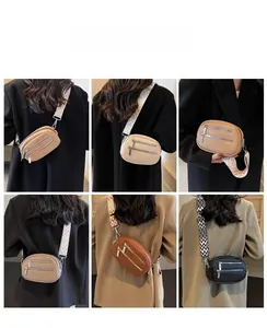 Collage of fashion crossbody bags with textured leather and wide patterned straps in six colors