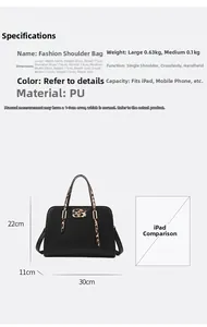 Detailed size specifications for black PU bag with leopard handle and iPad comparison