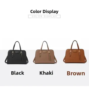 Three elegant leather handbags in black, khaki, and brown shown in a color display row