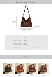 Detailed size specifications for a minimalist PU leather tote with a gold chain strap