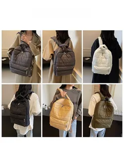 Multiple views of quilted nylon backpacks in five colors showing casual daily styling