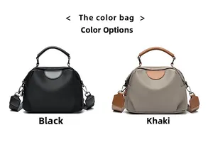 Detail view of black and khaki nylon tote bags with wide straps and round handles