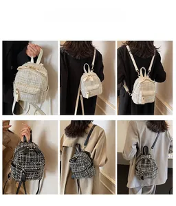 Dettaglio mini zaino in tweed con fiocco elegante e tasche con cerniera in metallo