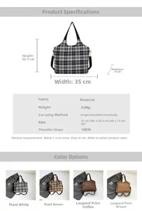 Size chart for leopard print canvas shoulder bag with dimensions and multi-color options
