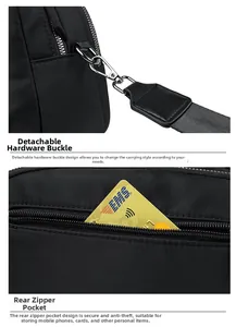 Detail of detachable metal hardware clip and anti-theft back pocket on nylon shoulder bag