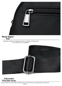 Detail of silver metal zipper puller and adjustable woven strap on a black nylon bag