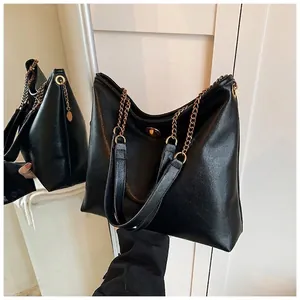 Chic black PU leather tote bag with metal chain strap and minimalist square design