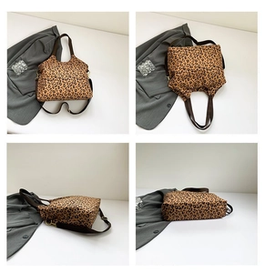 Detail view of leopard print tote bag showing multiple angles and adjustable shoulder strap