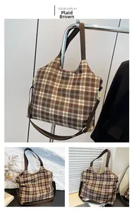 Detailed views of a brown plaid tote bag with sturdy woven straps and metal fasteners