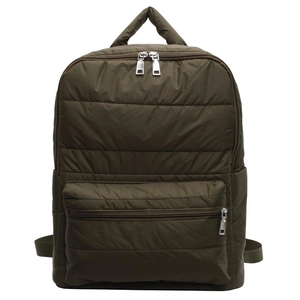 Deep olive green quilted nylon backpack with puffy down-style fabric and metal zippers