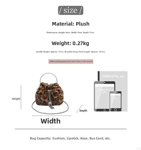 Detailed size chart for leopard bucket bag showing dimensions and capacity comparisons