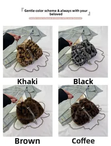 Collage of four leopard print plush bucket bags in khaki, brown, and black with chain straps